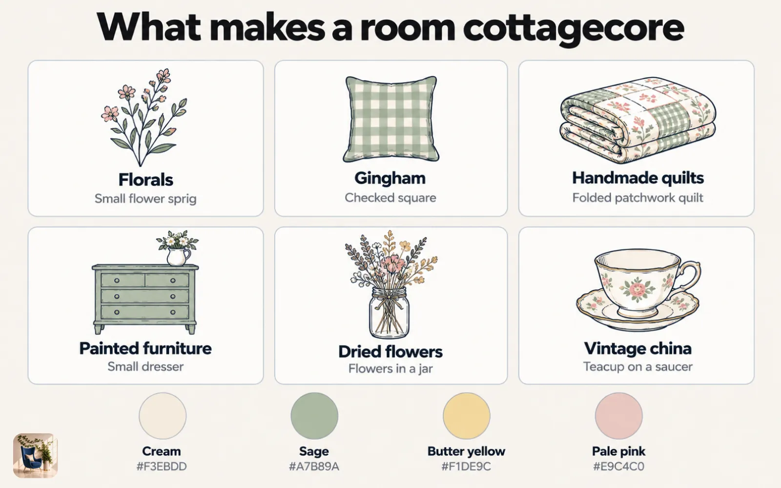 Diagram of six cottagecore elements: florals, gingham, handmade quilts, painted furniture, dried flowers, and vintage china