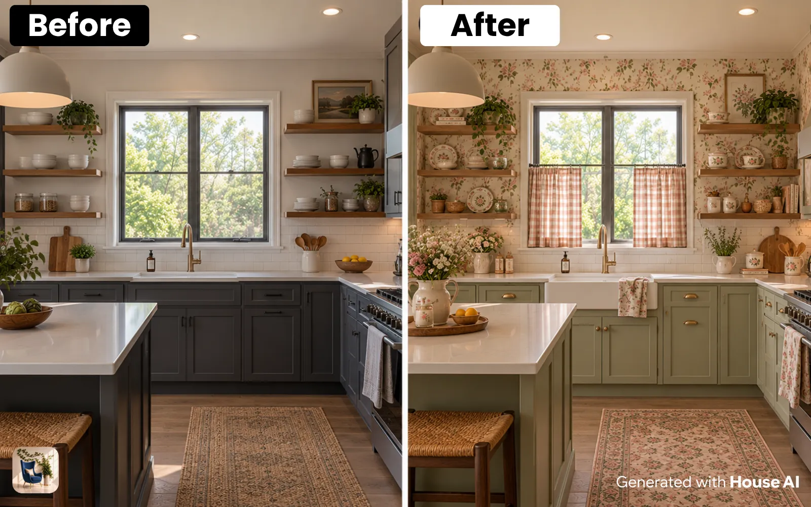 A kitchen before and after a cottagecore restyle, with open shelves of vintage plates and gingham cafe curtains