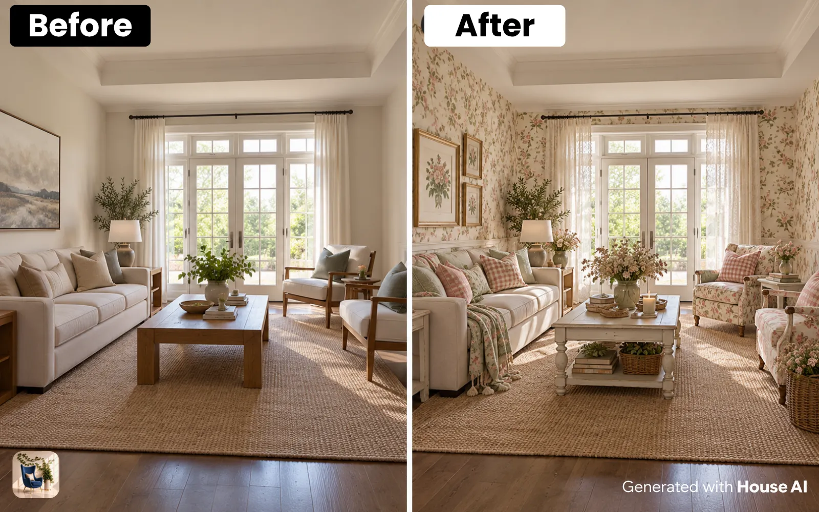 A living room before and after a cottagecore restyle, with floral wallpaper, gingham fabric, and dried flowers in jars