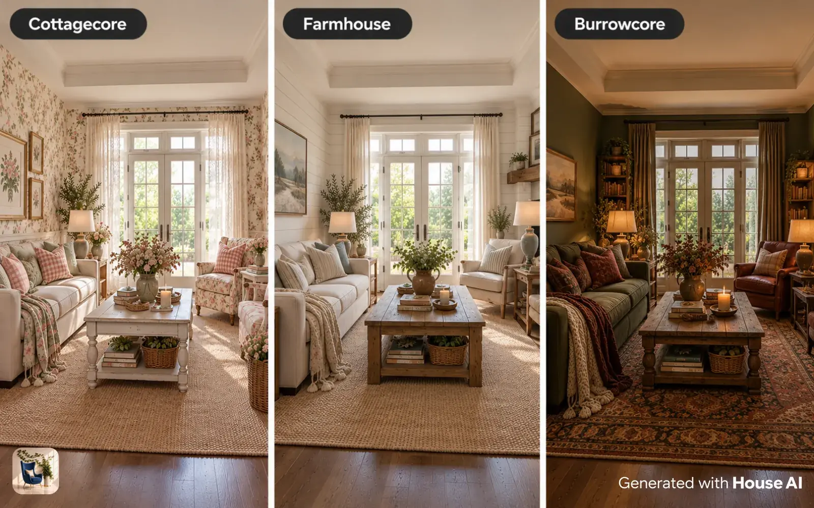 The same living room in cottagecore, farmhouse, and burrowcore styles, side by side, from florals to dark green walls