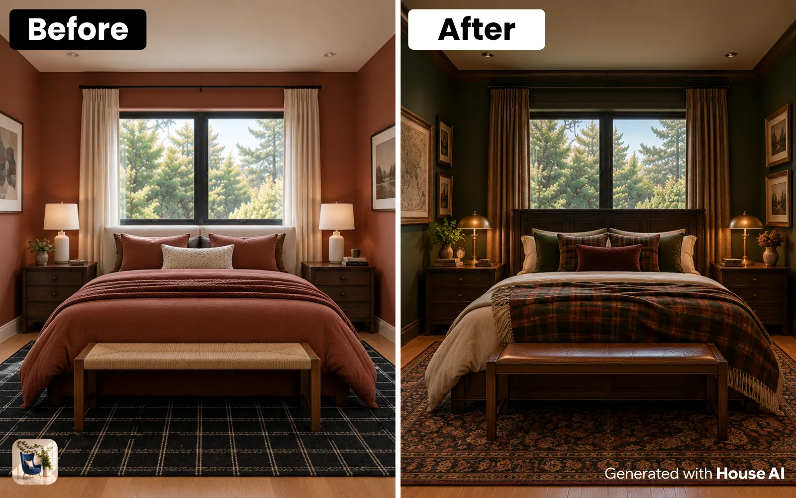 A bedroom before and after a dark academia restyle, with a dark wood headboard, plaid wool throw, and a brass lamp