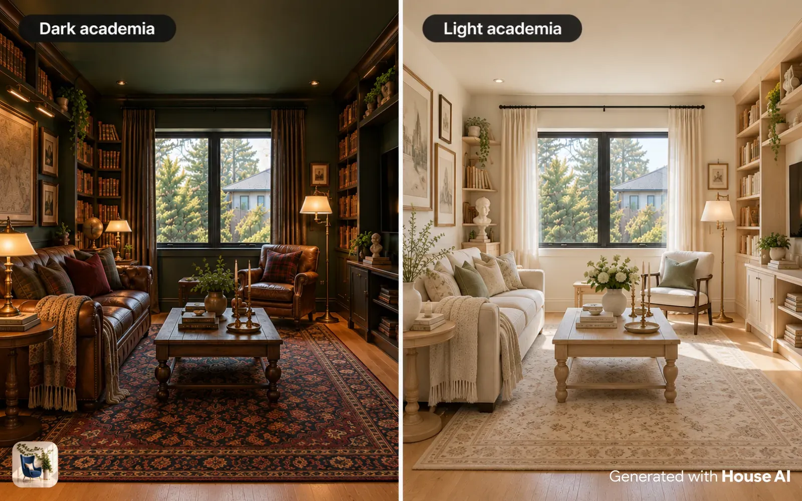 The same living room in dark academia and light academia styles, side by side, one with dark green walls and one cream