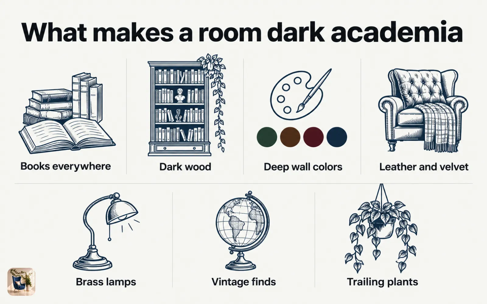 Diagram of seven dark academia elements, from books and dark wood to leather, brass lamps, and vintage finds