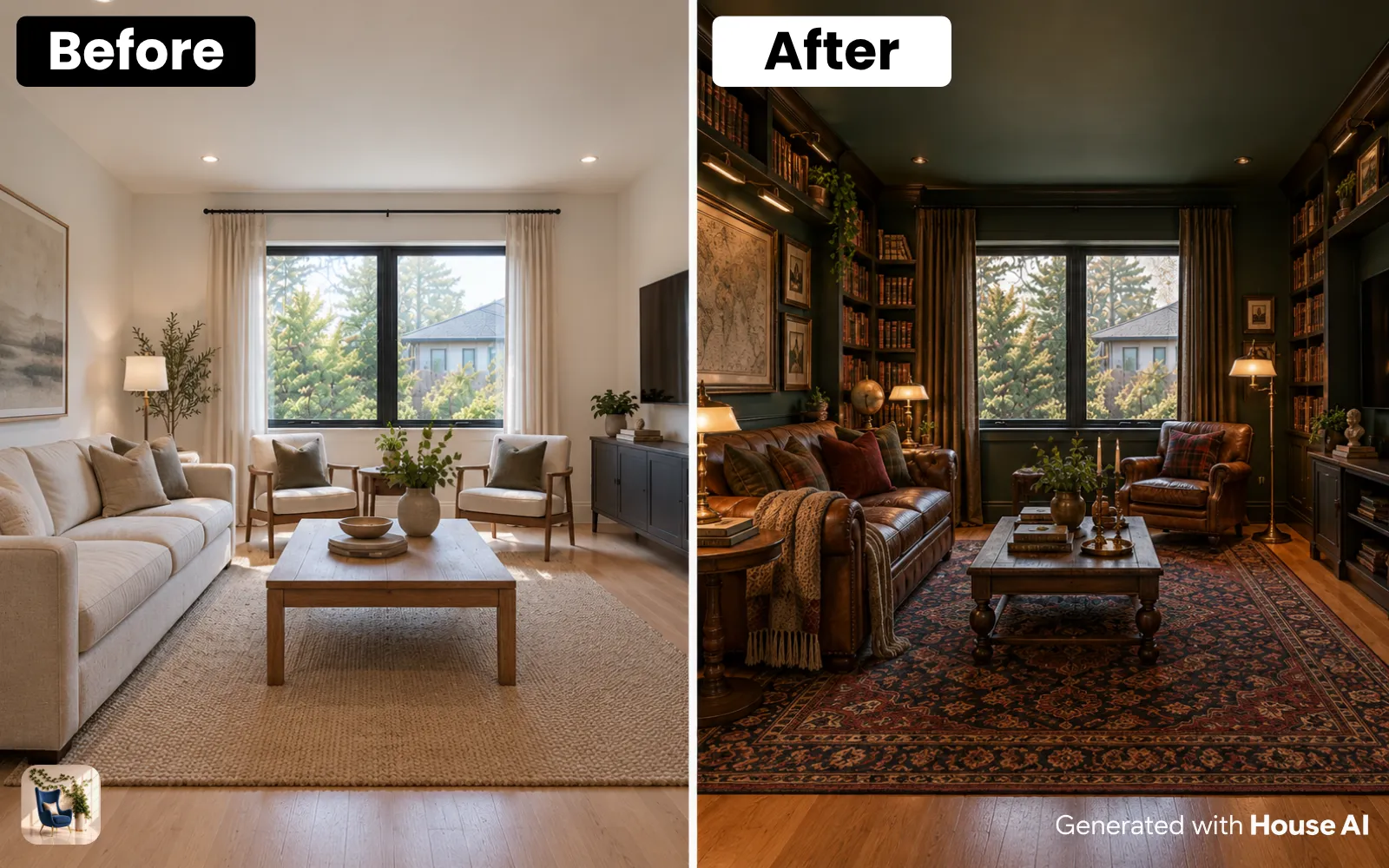 A living room before and after a dark academia restyle, with dark green walls, full bookshelves, and a leather armchair
