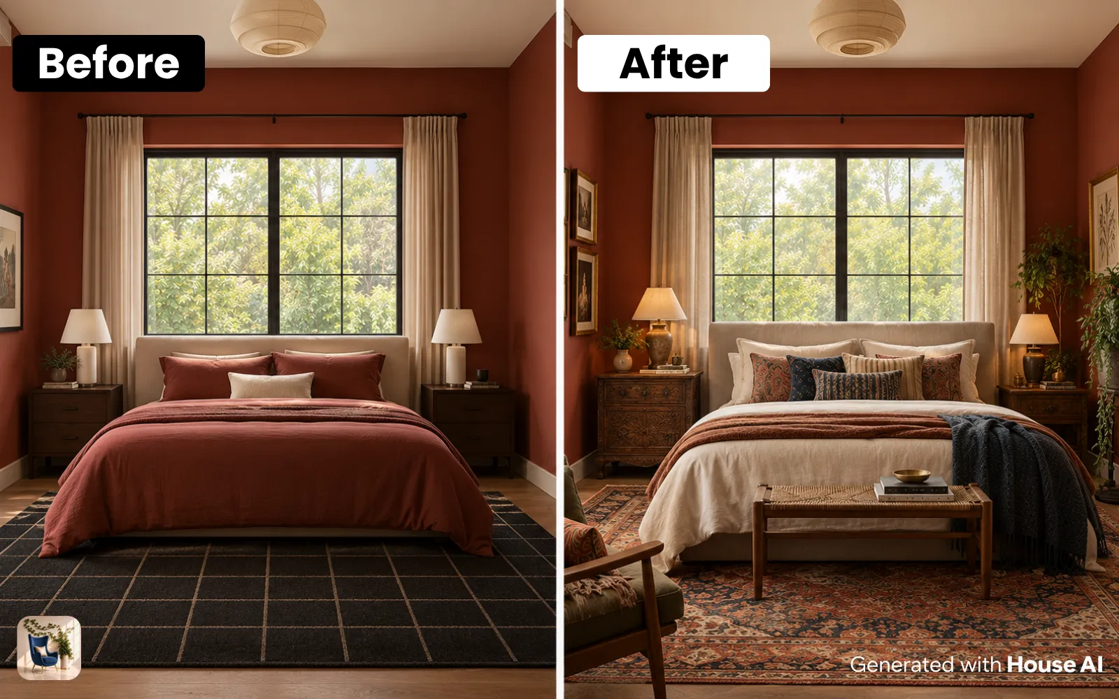 A bedroom before and after an eclectic restyle, with an antique carved nightstand beside a modern upholstered bed