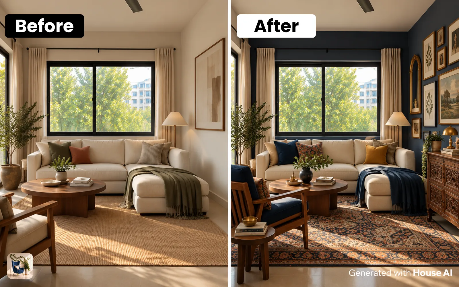 A living room before and after an eclectic restyle, with a mid-century armchair, an antique dresser, and a gallery wall