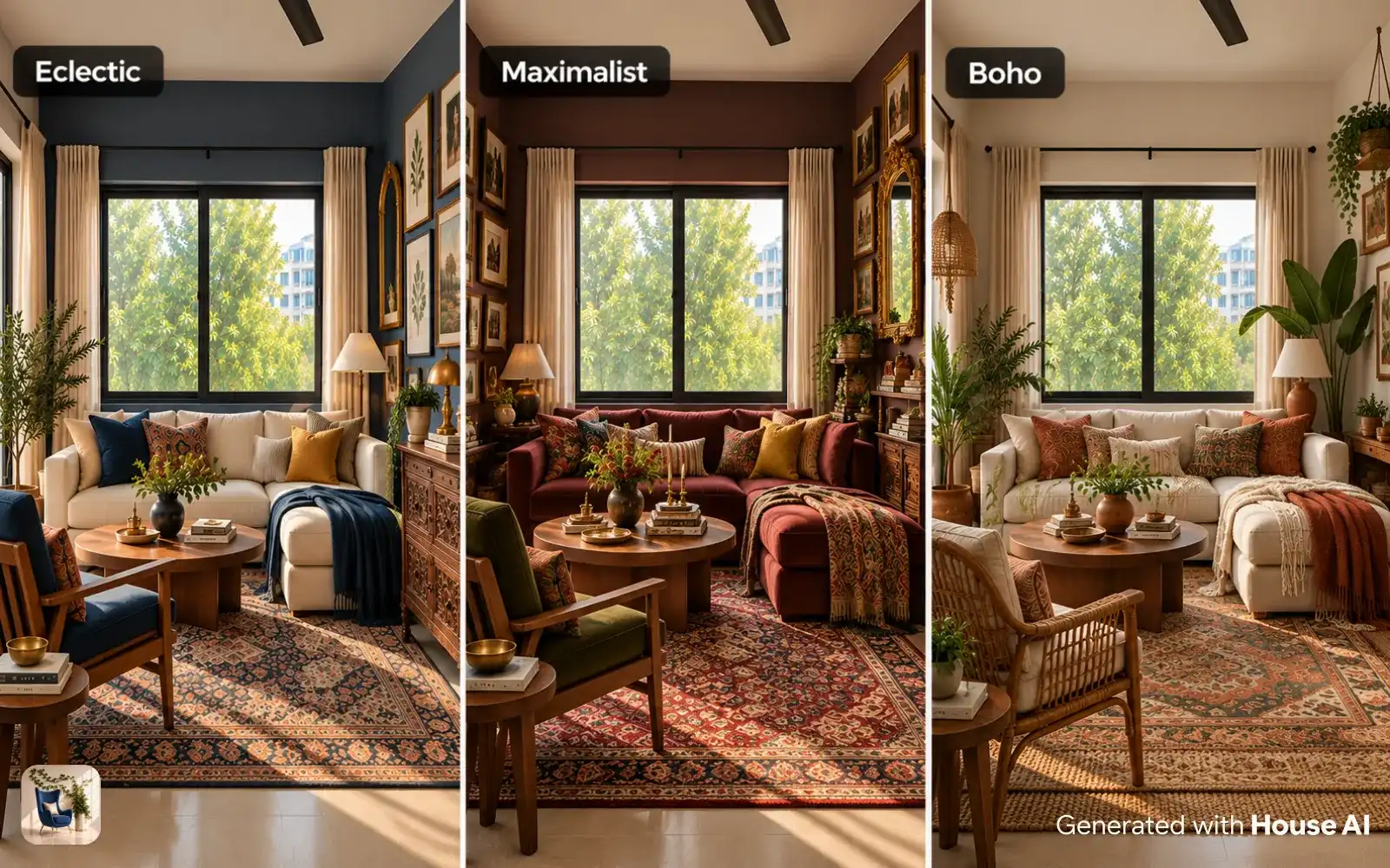 The same empty living room furnished in eclectic, maximalist, and boho styles, side by side