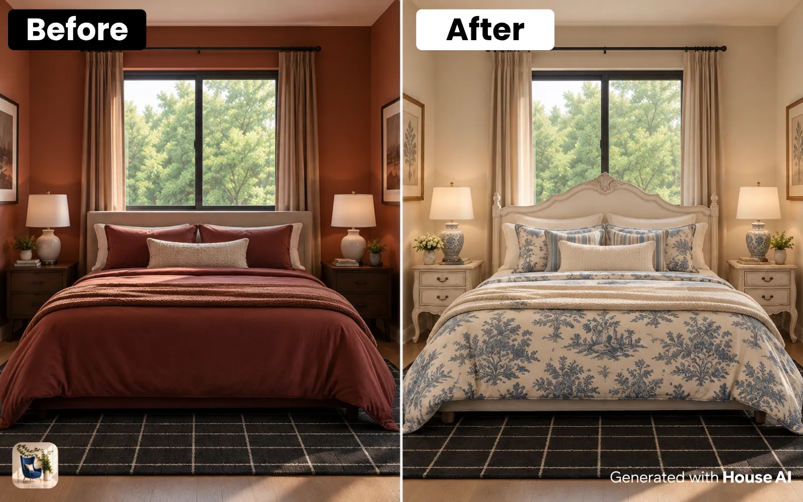 A bedroom before and after a French country restyle, with toile bedding and a painted wood headboard