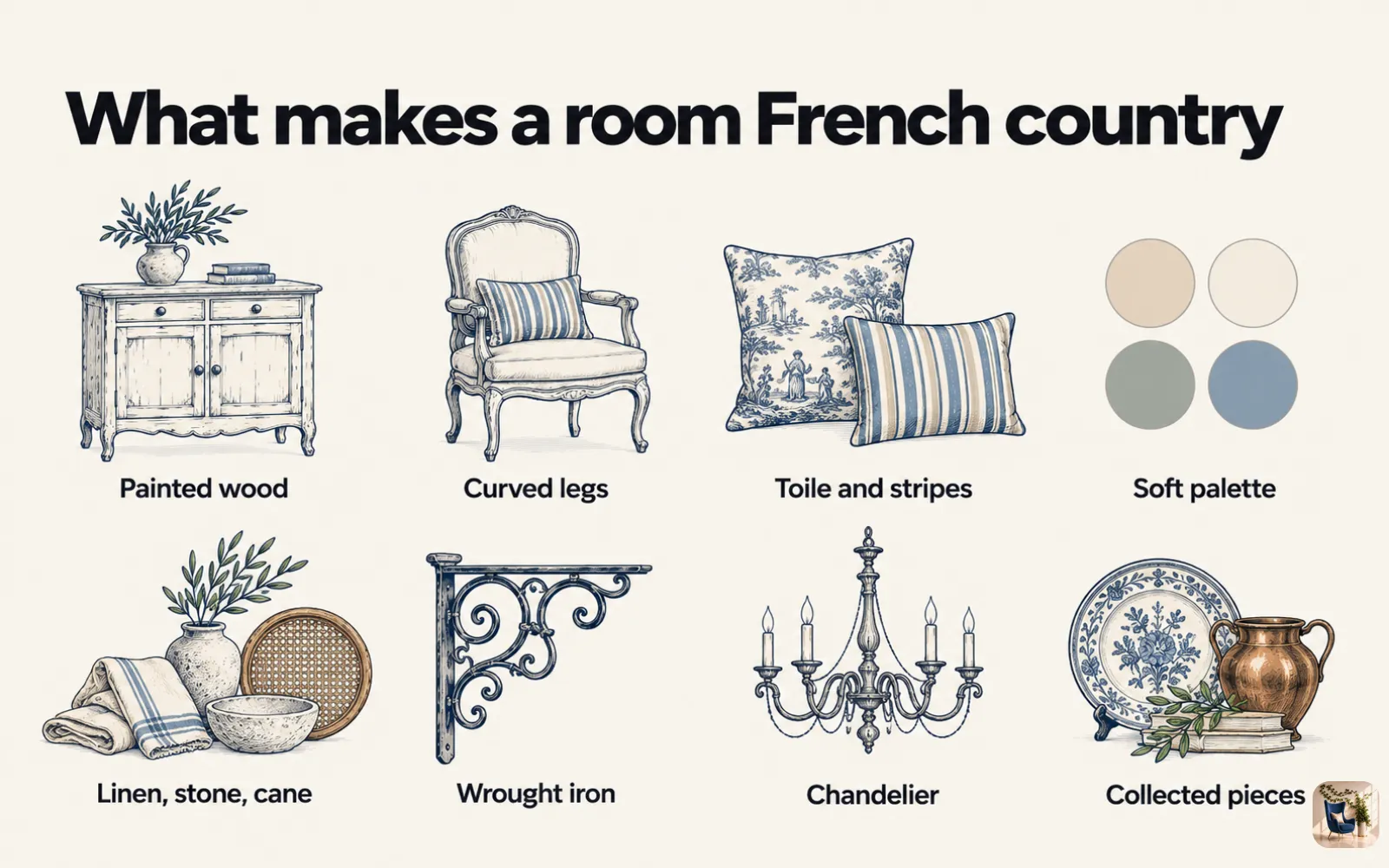 Diagram of eight French country elements, including painted wood, curved legs, toile, a soft palette, and a chandelier