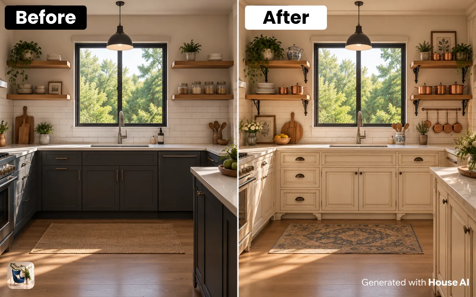 A kitchen before and after a French country restyle, with open shelves on iron brackets and copper pots