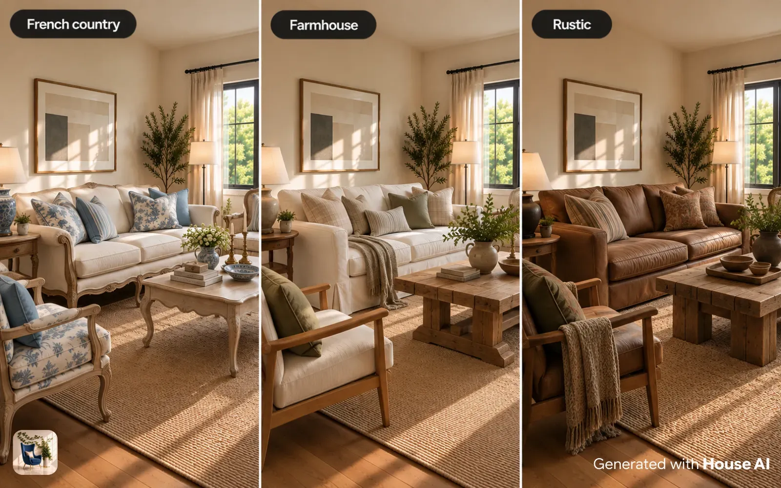 The same living room in French country, farmhouse, and rustic styles, side by side, each with different wood