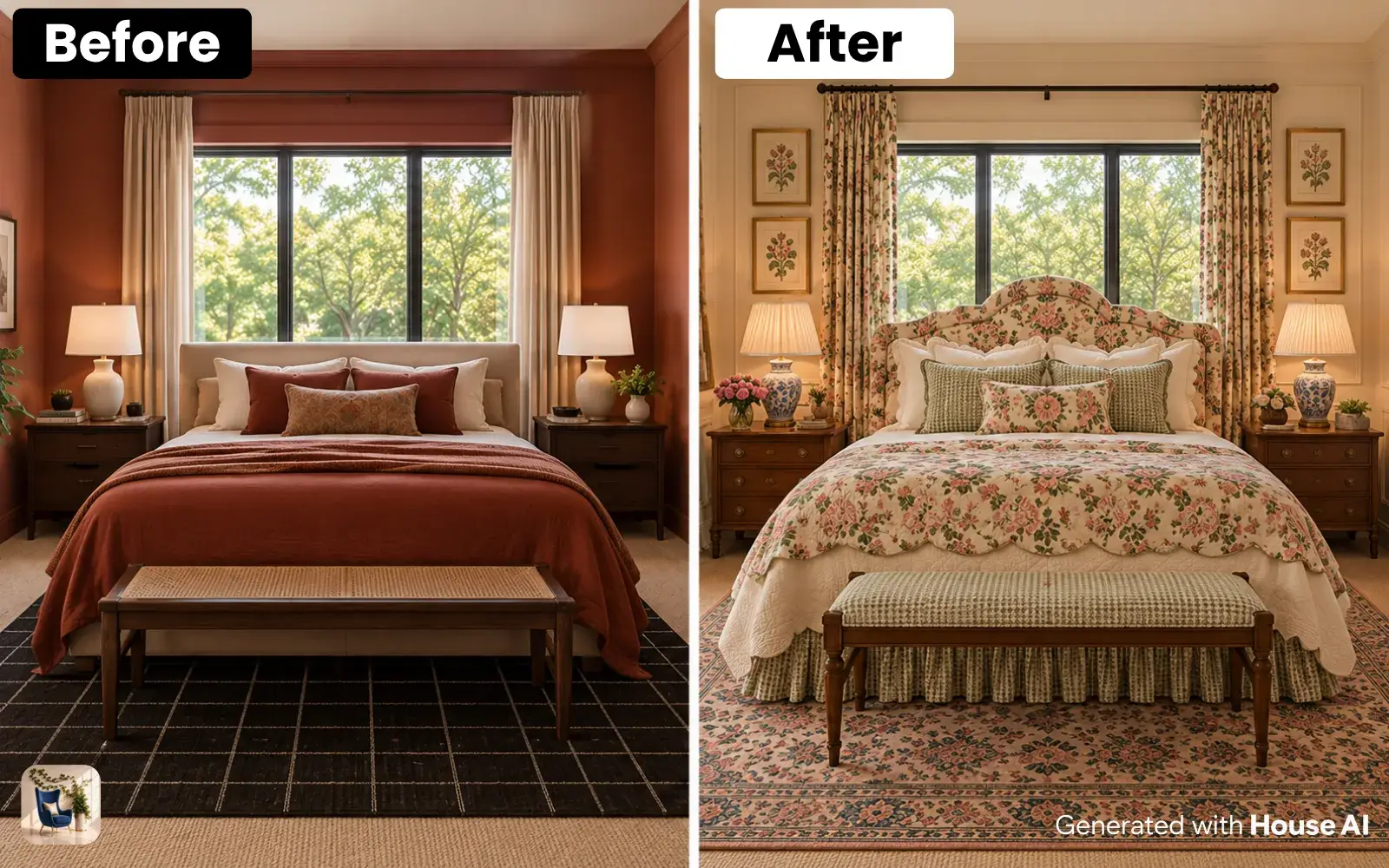 A bedroom before and after a grandmillennial restyle, with a floral headboard, a scalloped quilt, and pleated lamps