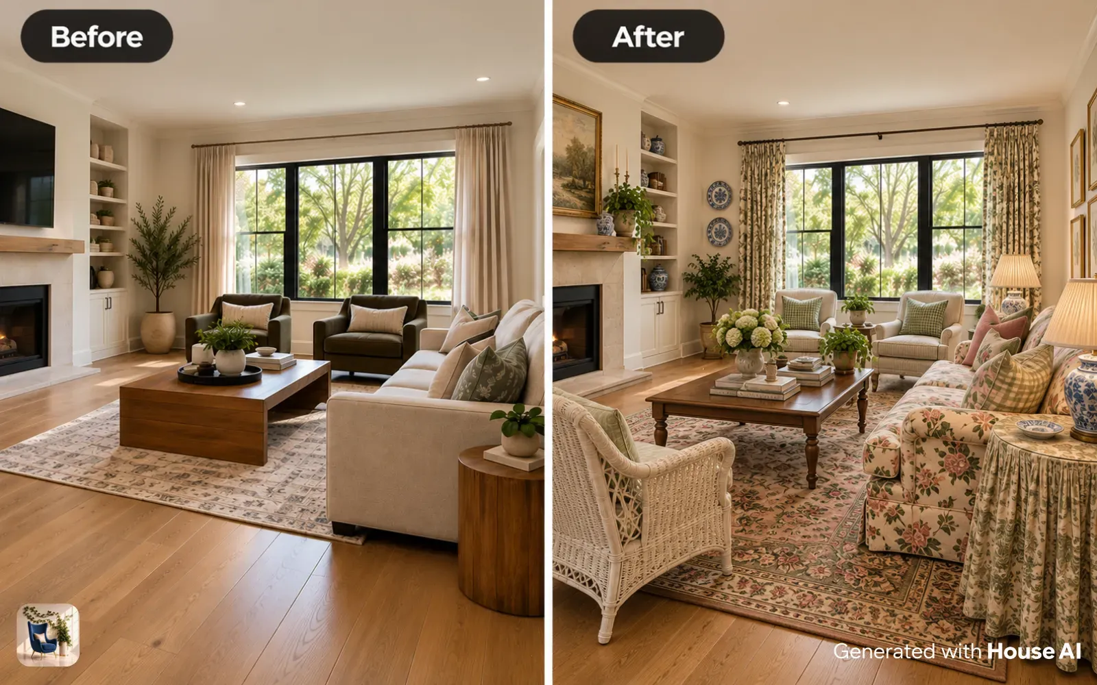 A living room before and after a grandmillennial restyle, with a floral chintz sofa, a skirted table, and a wicker chair
