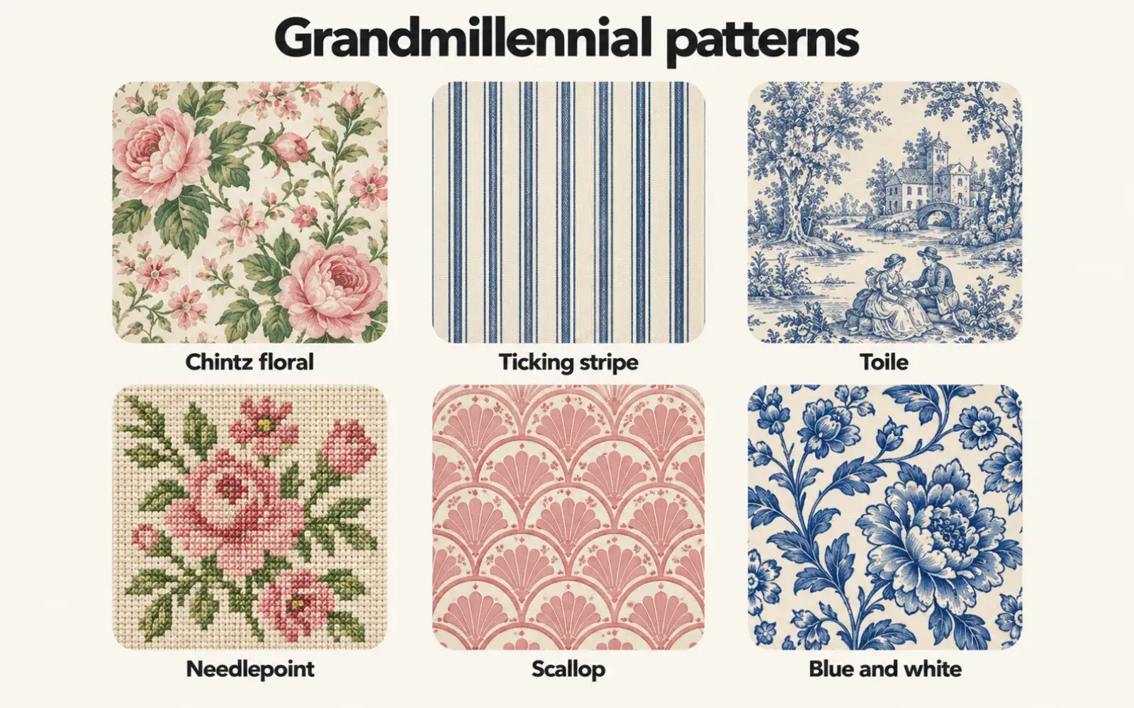 Diagram of six grandmillennial patterns: chintz floral, ticking stripe, toile, needlepoint, scallop, and blue and white
