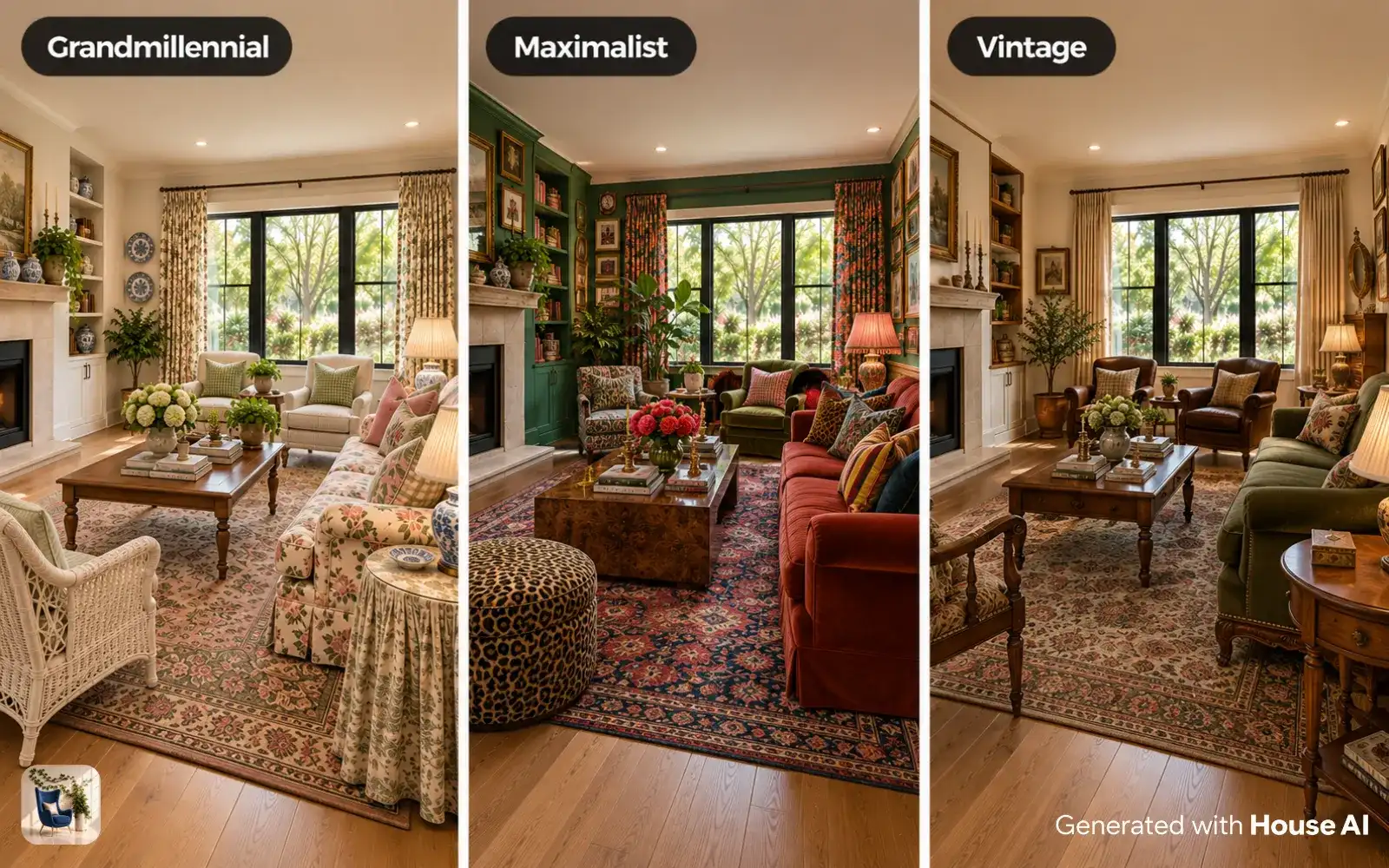 The same living room in grandmillennial, maximalist, and vintage styles, side by side, each with different pattern