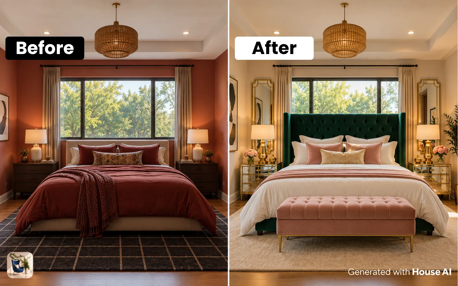 A bedroom before and after a Hollywood Regency restyle, with a tufted headboard, mirrored nightstands, and brass lamps