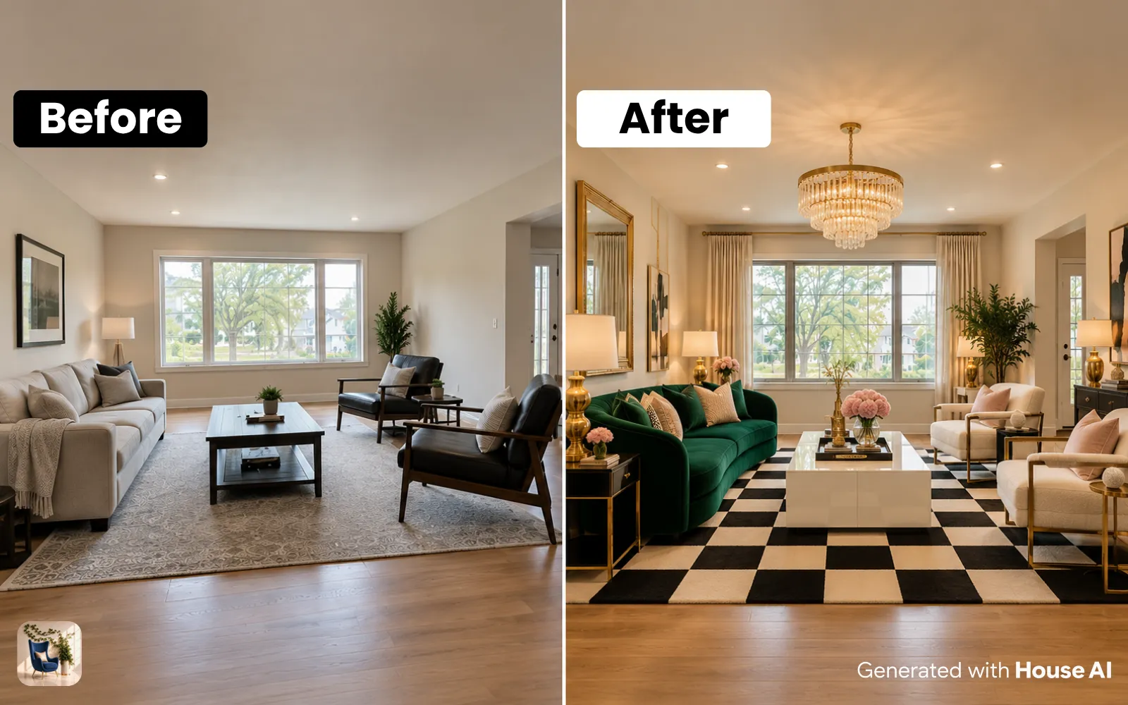 A living room before and after a Hollywood Regency restyle, with an emerald velvet sofa, brass lamps, and a gold mirror