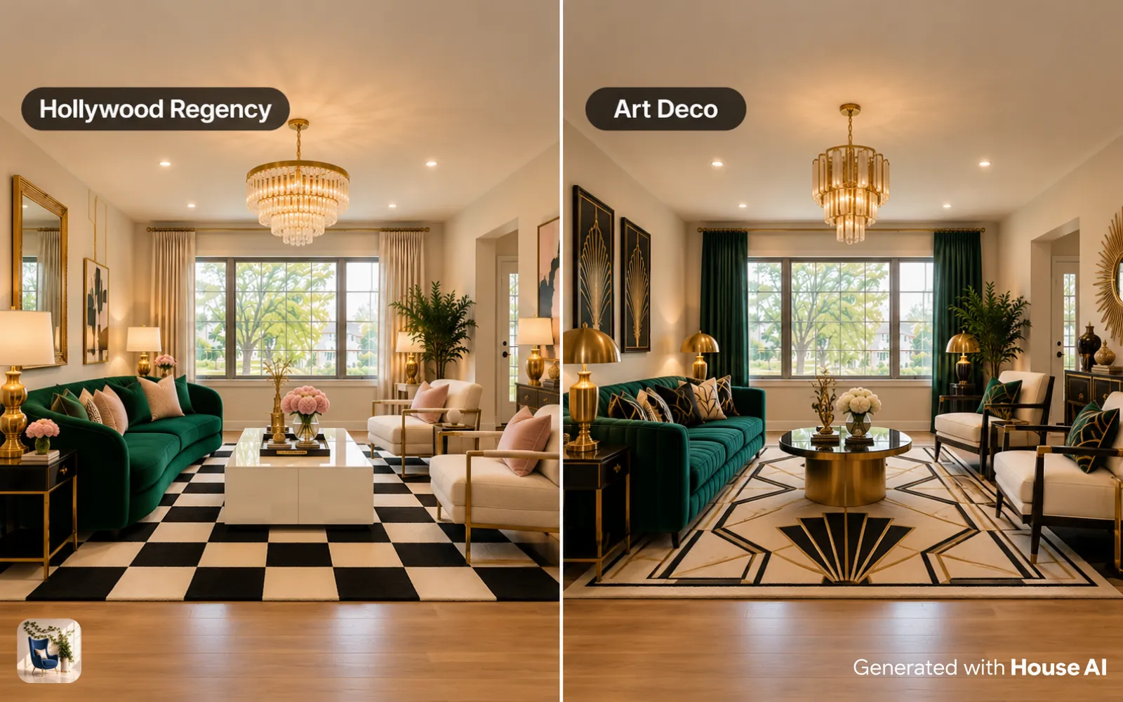 The same living room in Hollywood Regency and Art Deco styles, side by side, curvy and colorful versus sharp and geometric