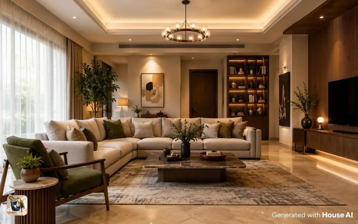 Furnished living room showing layout, lighting, and materials planned by an interior designer