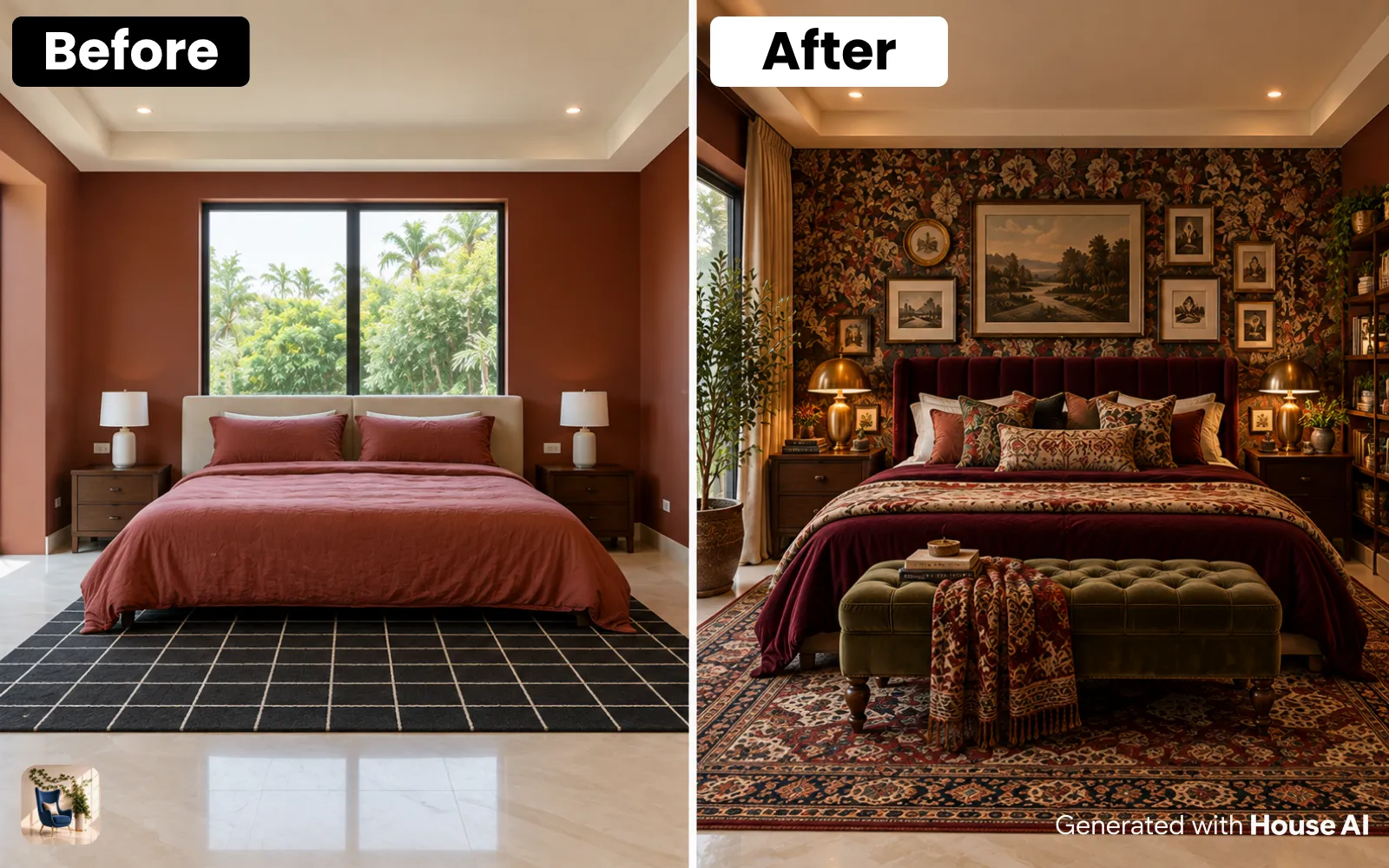 A bedroom before and after a maximalist restyle, with patterned wallpaper, a velvet headboard, and framed art