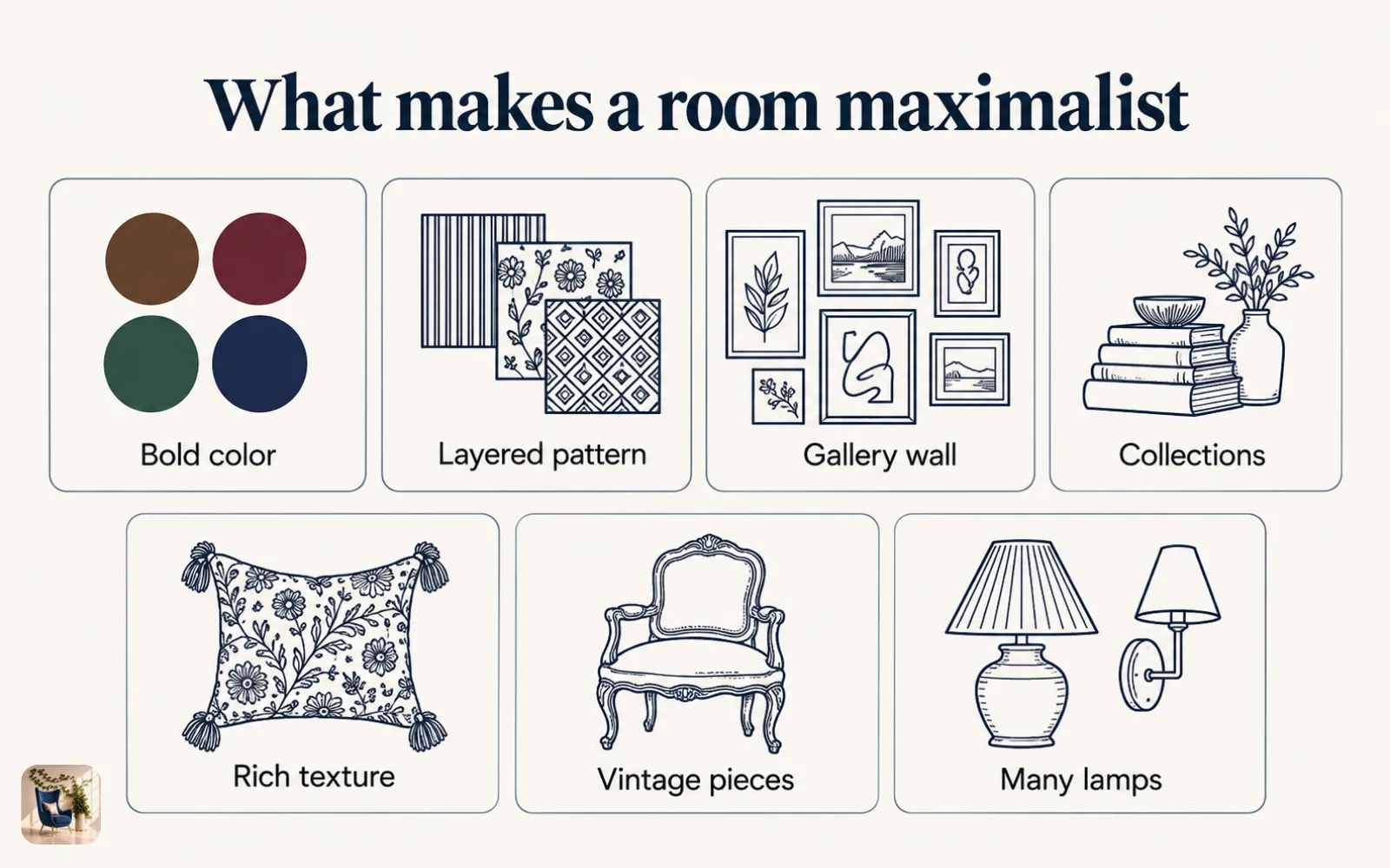 Diagram of seven maximalist elements: bold color, layered pattern, gallery wall, collections, texture, vintage, and lamps