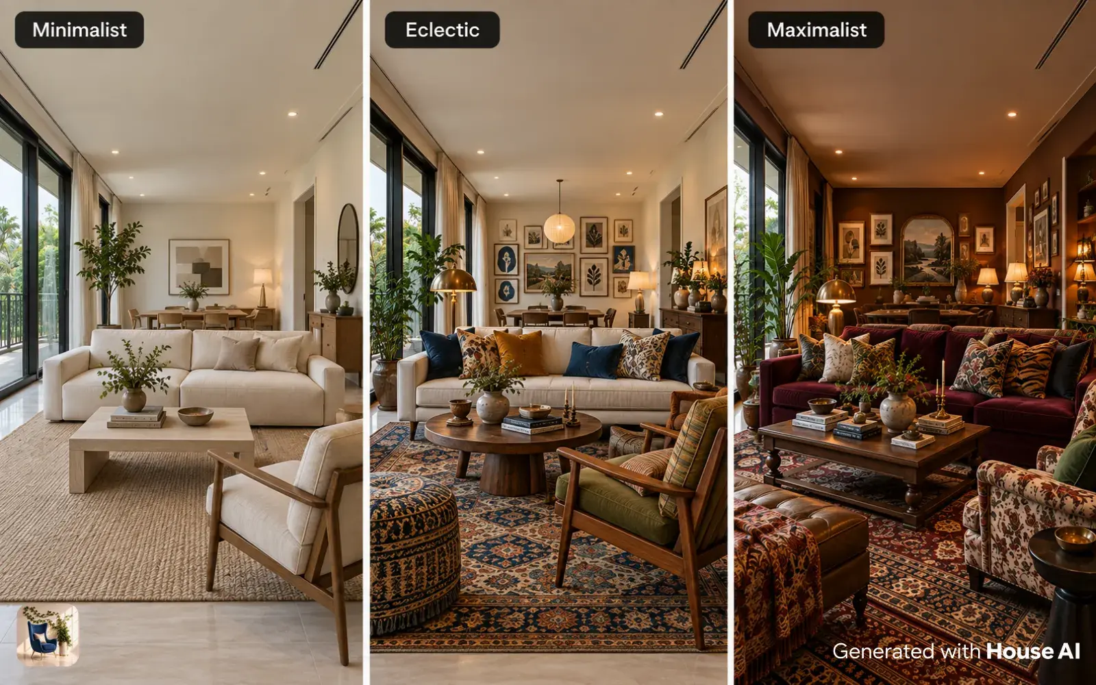 The same living room in minimalist, eclectic, and maximalist styles, side by side, from bare to full