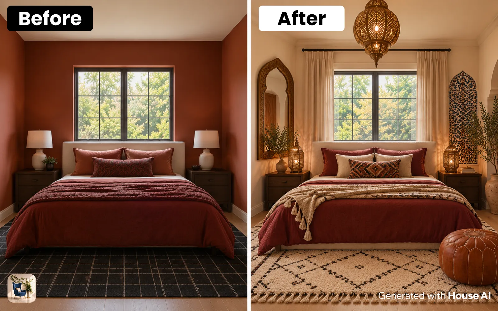 A bedroom before and after Moroccan accents are added: a Berber rug, a brass lantern, and an arched mirror