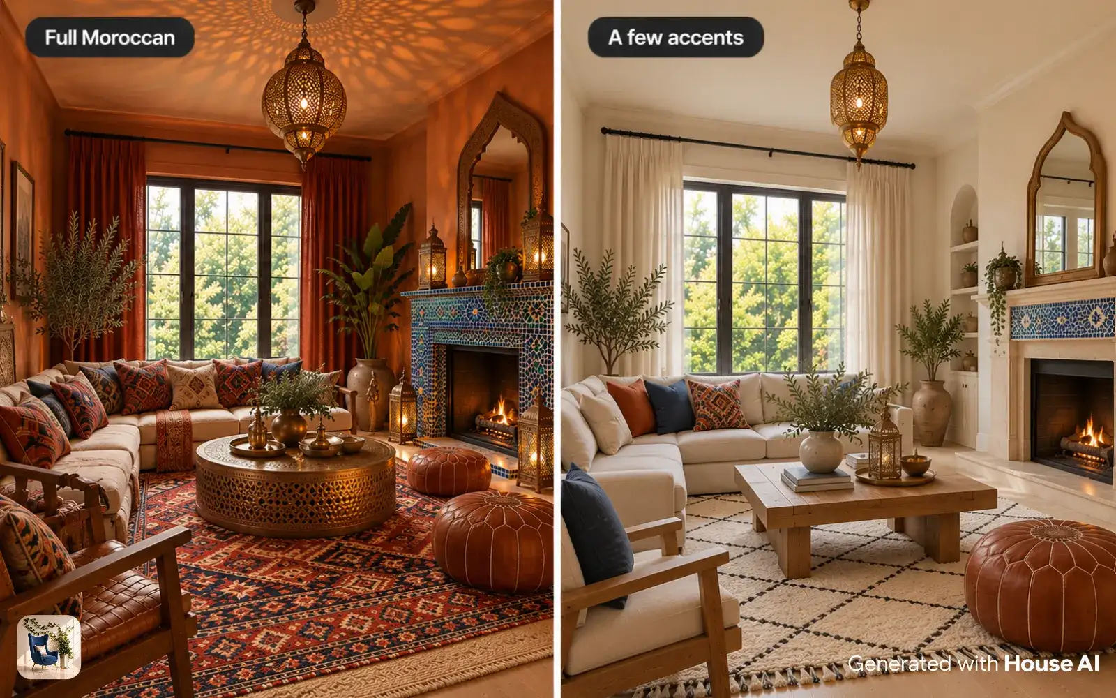 The same living room fully Moroccan on the left and neutral with a few Moroccan accents on the right