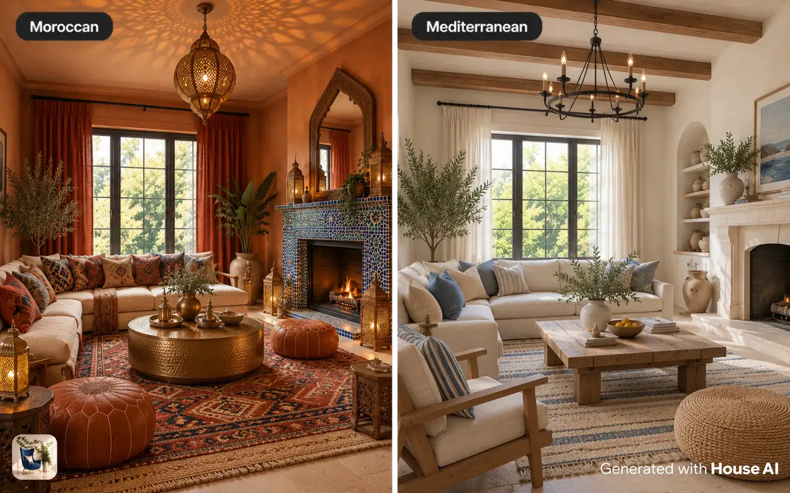 The same living room in Moroccan and Mediterranean styles side by side, with brass lanterns on one and iron on the other