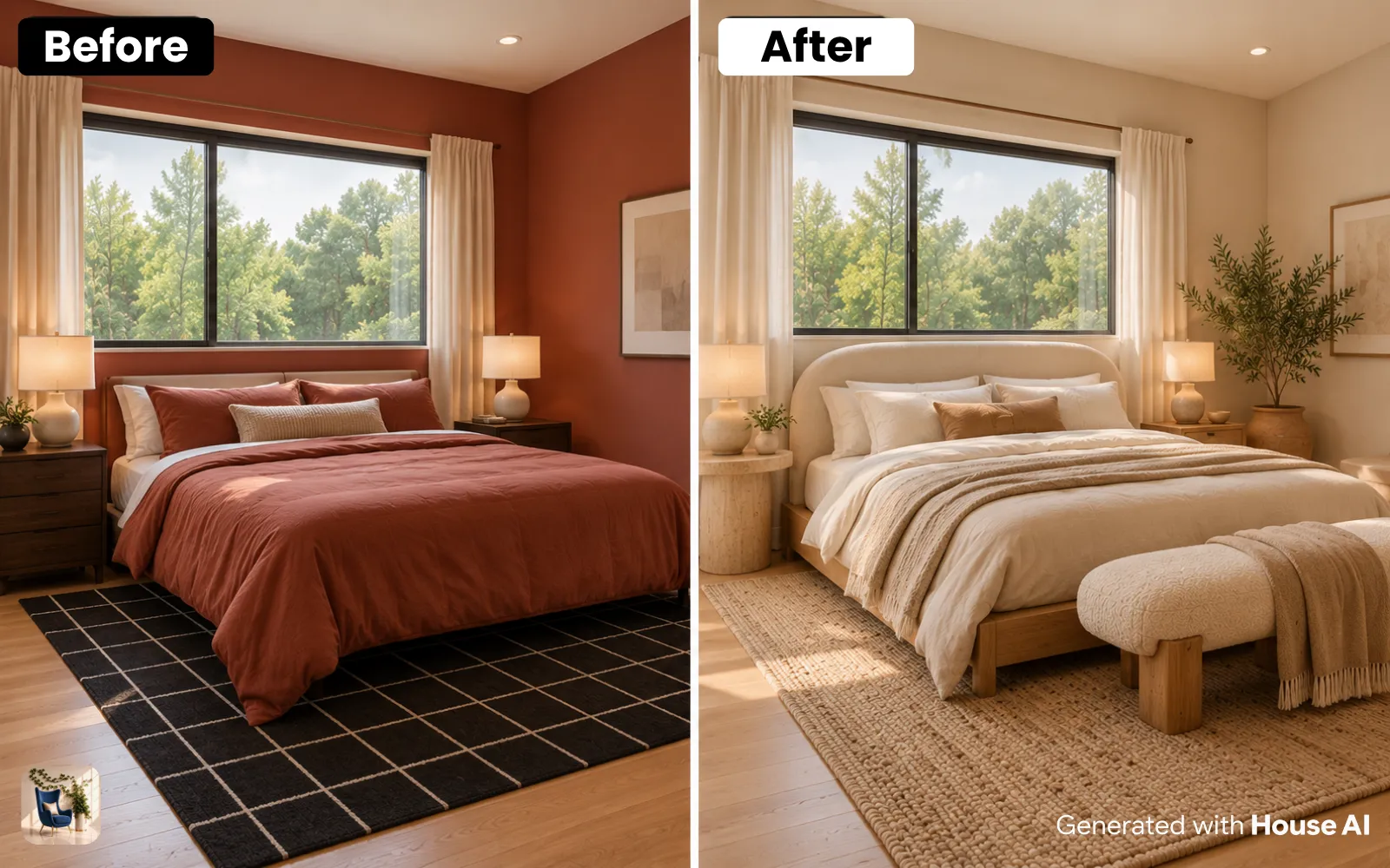 A bedroom before and after an organic modern redesign, with a rounded headboard, oak bed, linen bedding, and a plant