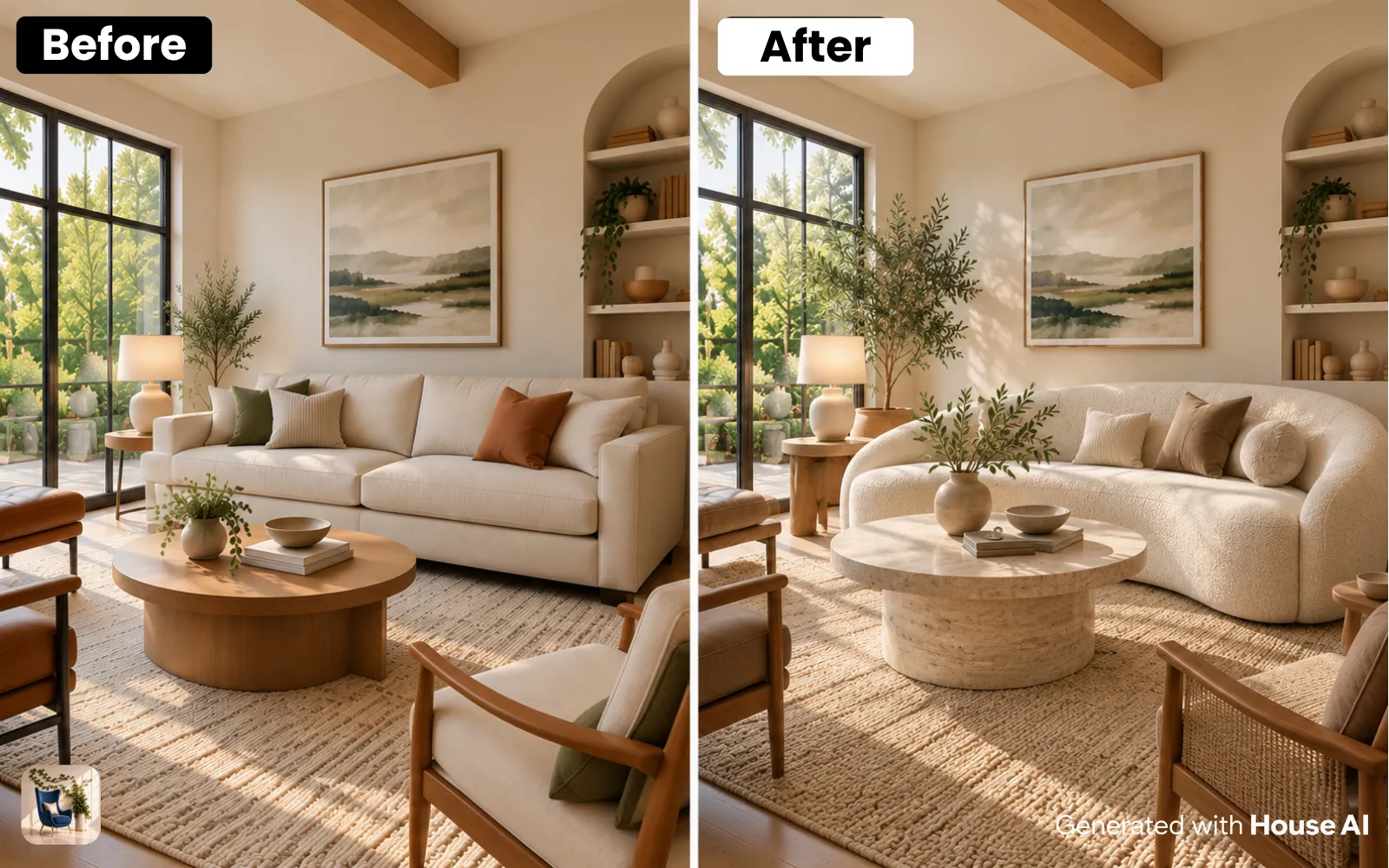 A living room before and after an organic modern redesign, with a curved sofa, a stone table, oak wood, and a plant