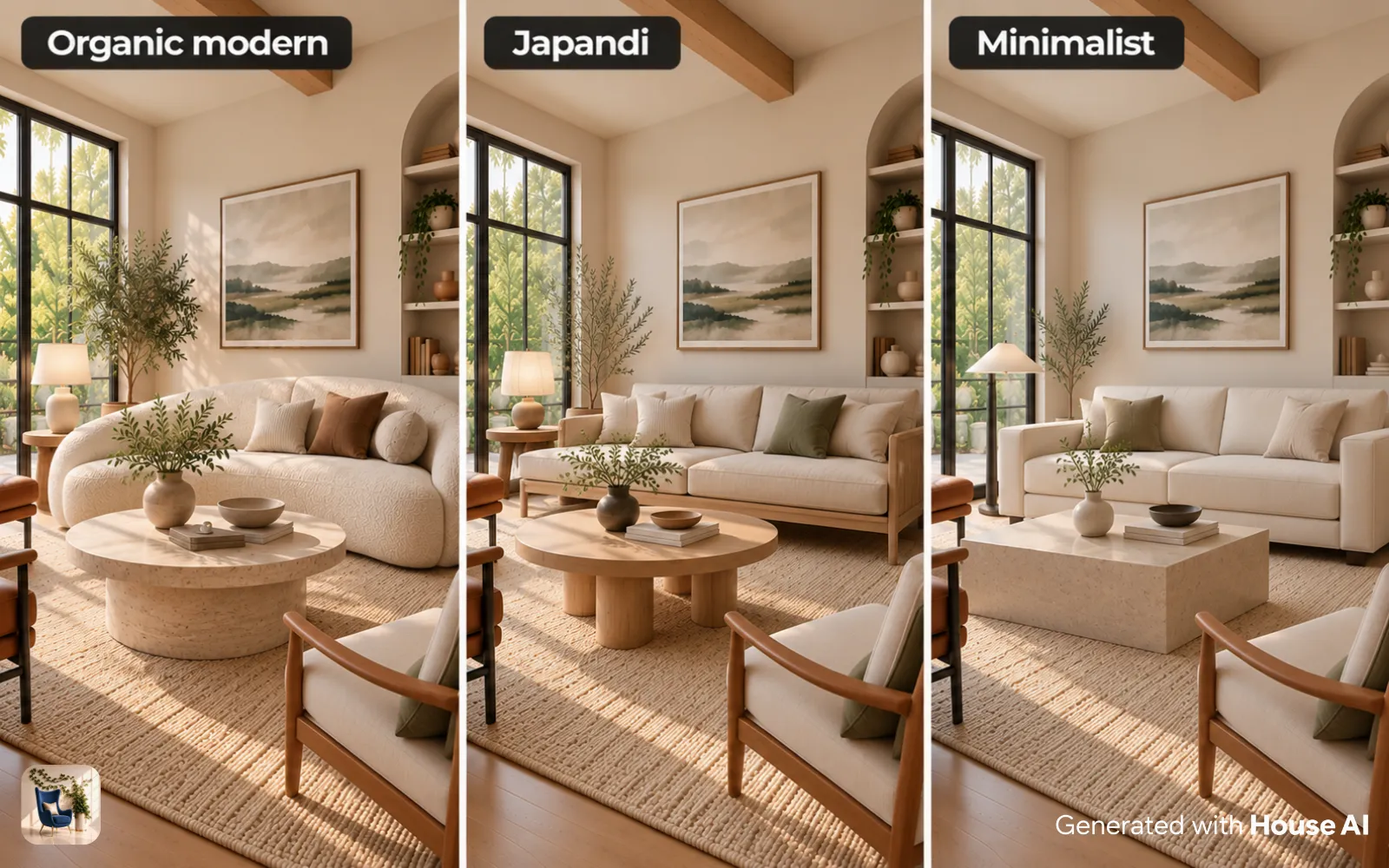 The same living room in organic modern, Japandi, and minimalist styles, side by side