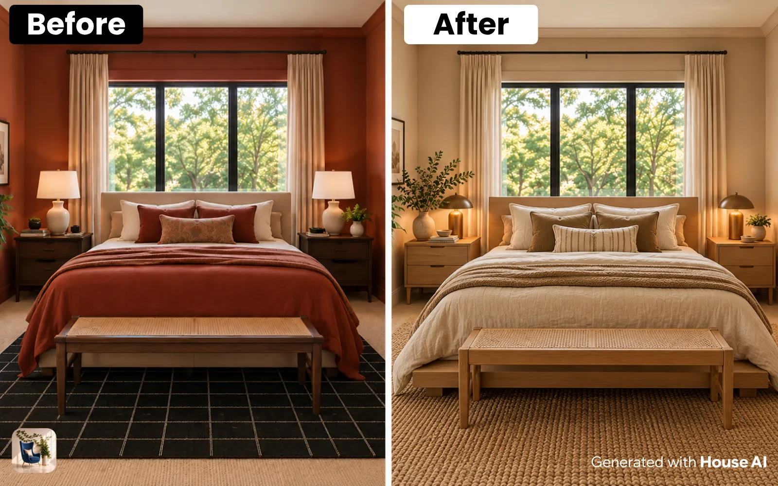 A bedroom before and after a Japandi redesign, with a low wood bed, linen bedding, and the window in the same place