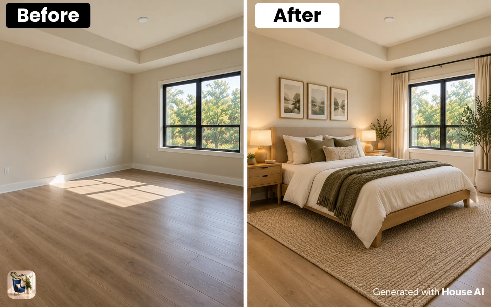 An empty bedroom before and after it is furnished in Scandinavian style, with a bed, nightstands, and a rug