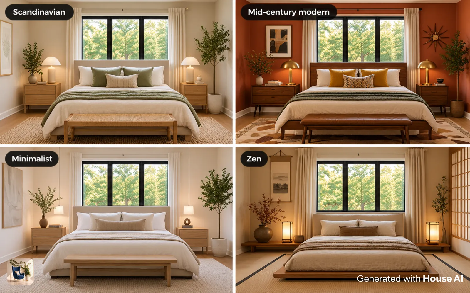 The same bedroom in Scandinavian, mid-century modern, minimalist, and Zen styles, shown in a grid
