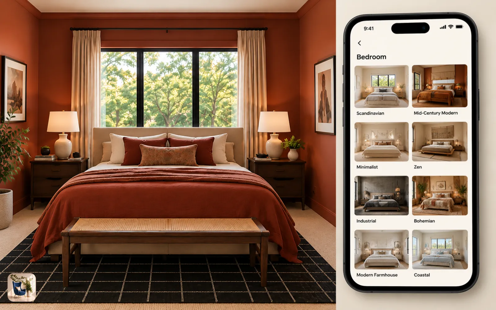 A phone screen showing the grid of design styles to pick from for a bedroom photo