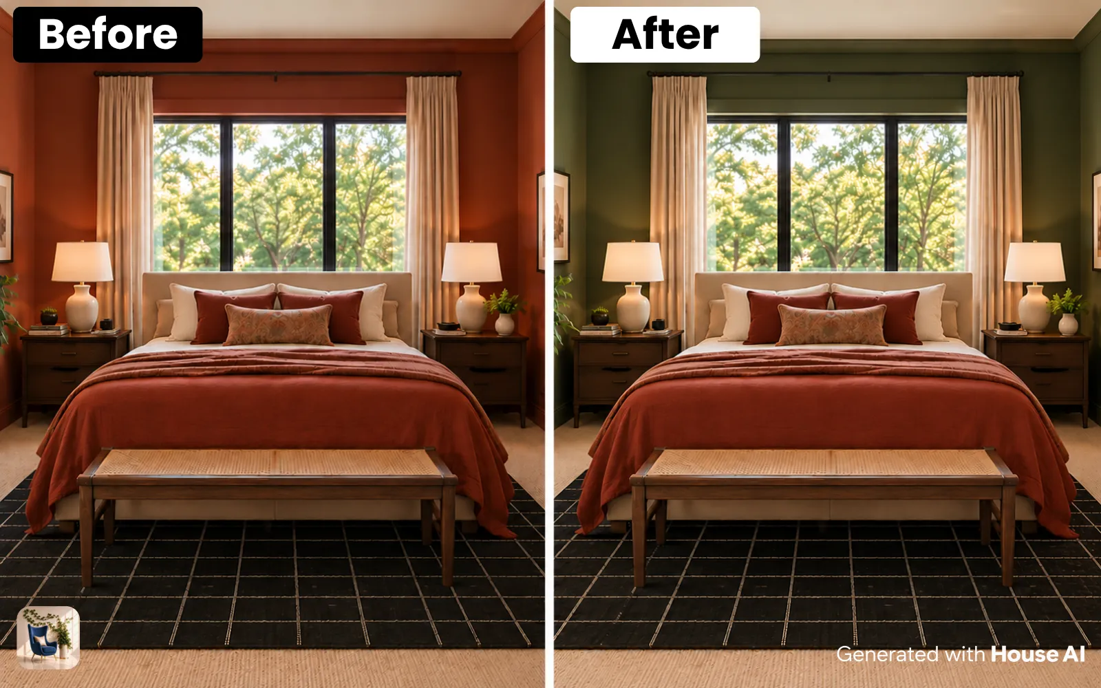 A bedroom before and after the wall behind the bed is changed to deep olive green, with the bed and window unchanged