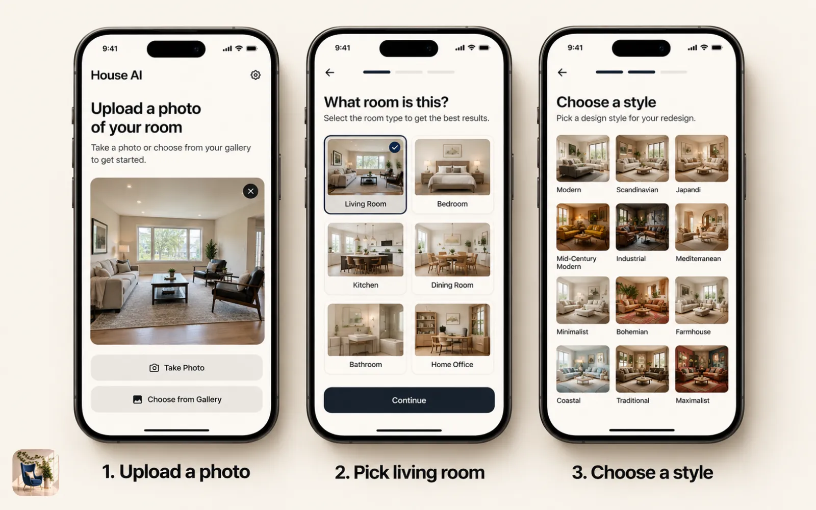 Three phone screens: a living room photo uploaded, the living room type selected, and the style grid