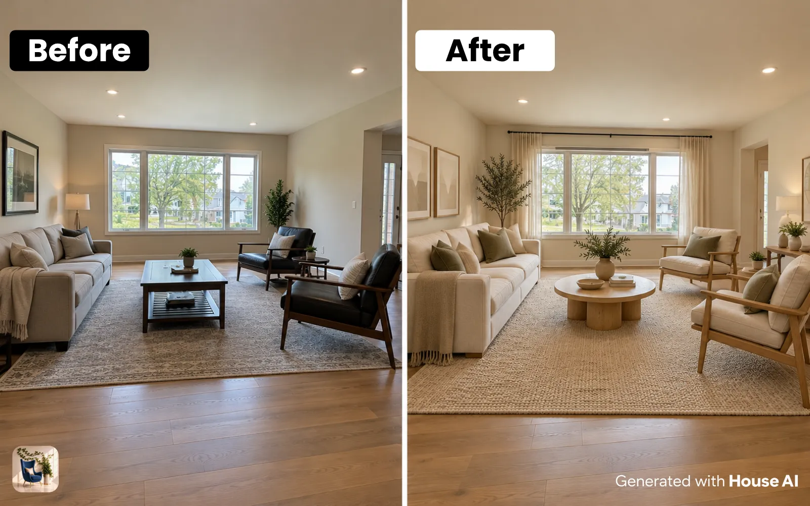 A lived-in living room before and after a Japandi redesign, with the same sofa wall, window, and floor