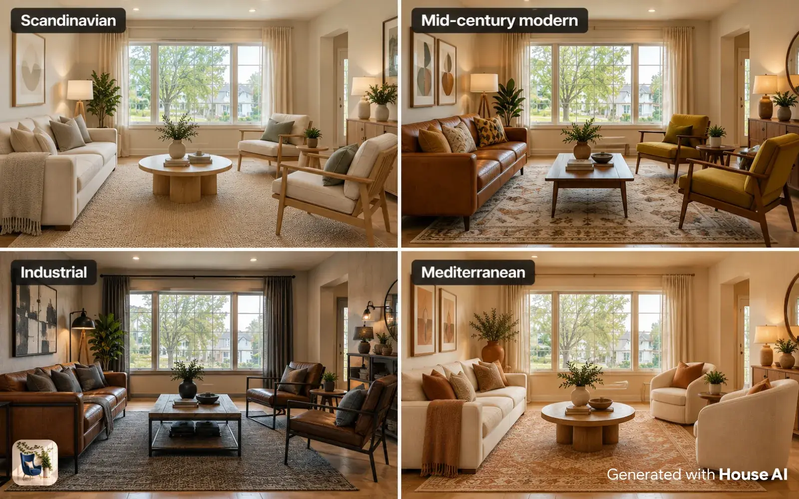 The same living room in Scandinavian, mid-century modern, industrial, and Mediterranean styles, in a grid