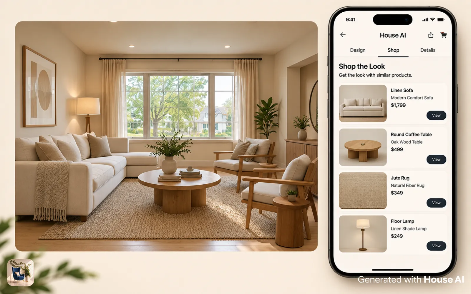 A phone screen listing a sofa, a rug, and lamps matched to a redesigned living room