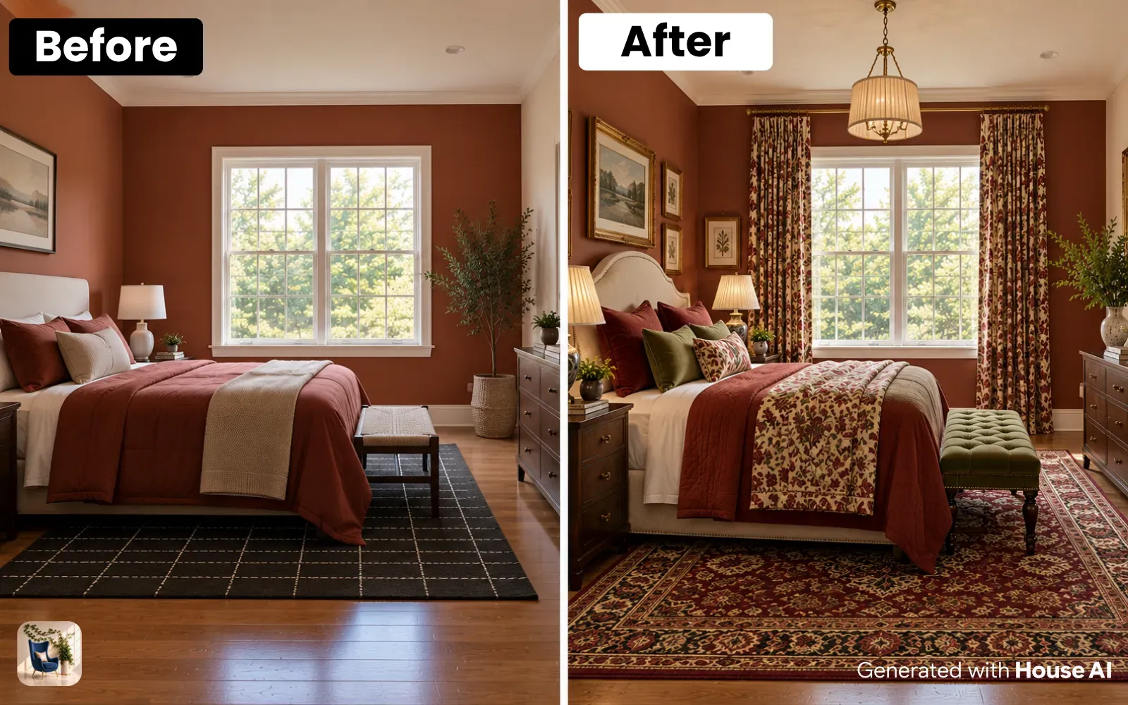 A bedroom before and after a traditional restyle, with a carved four-poster bed, damask bedding, and matching nightstands