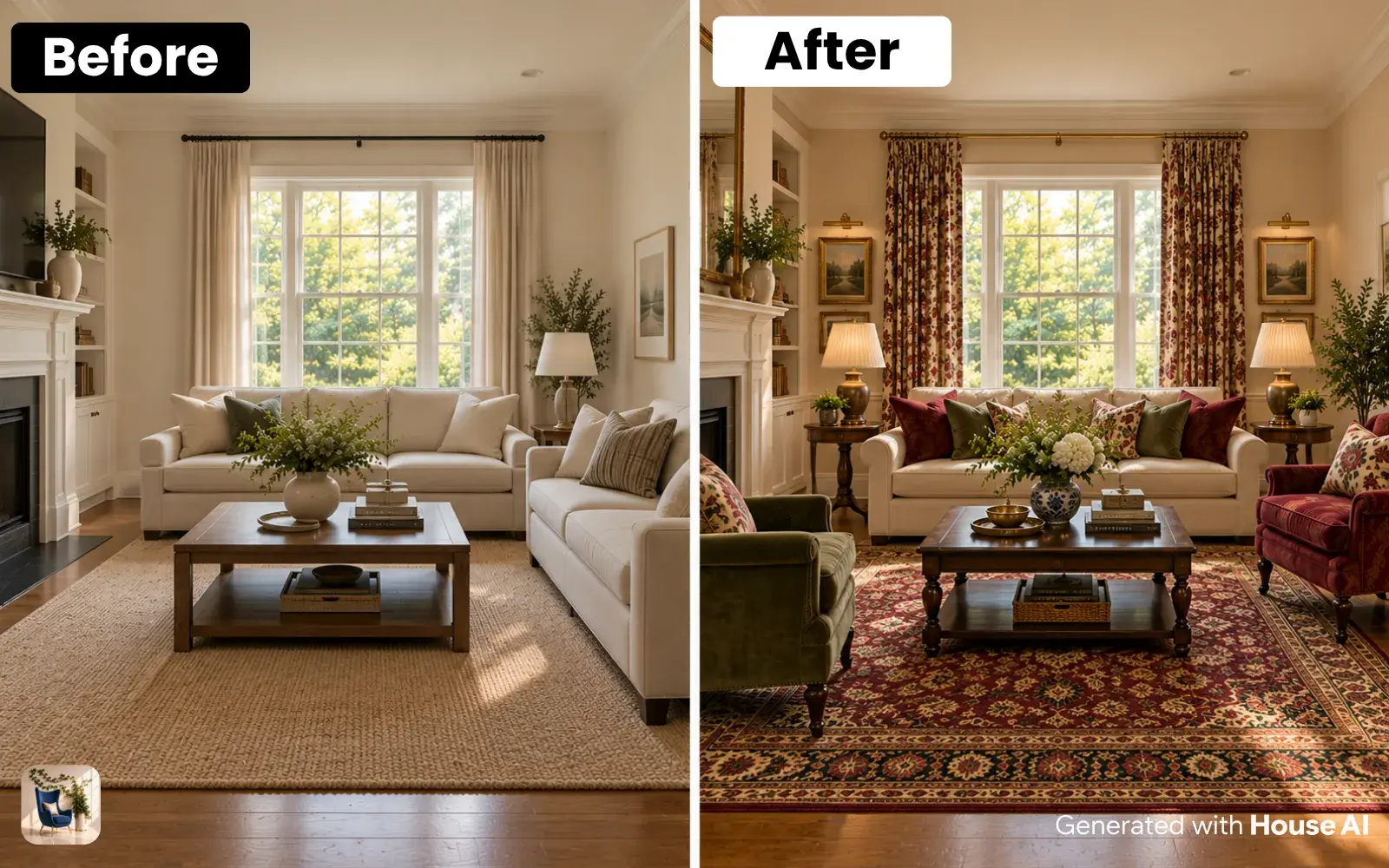 A living room before and after a traditional restyle, with a rolled-arm damask sofa, matching armchairs, and heavy drapes