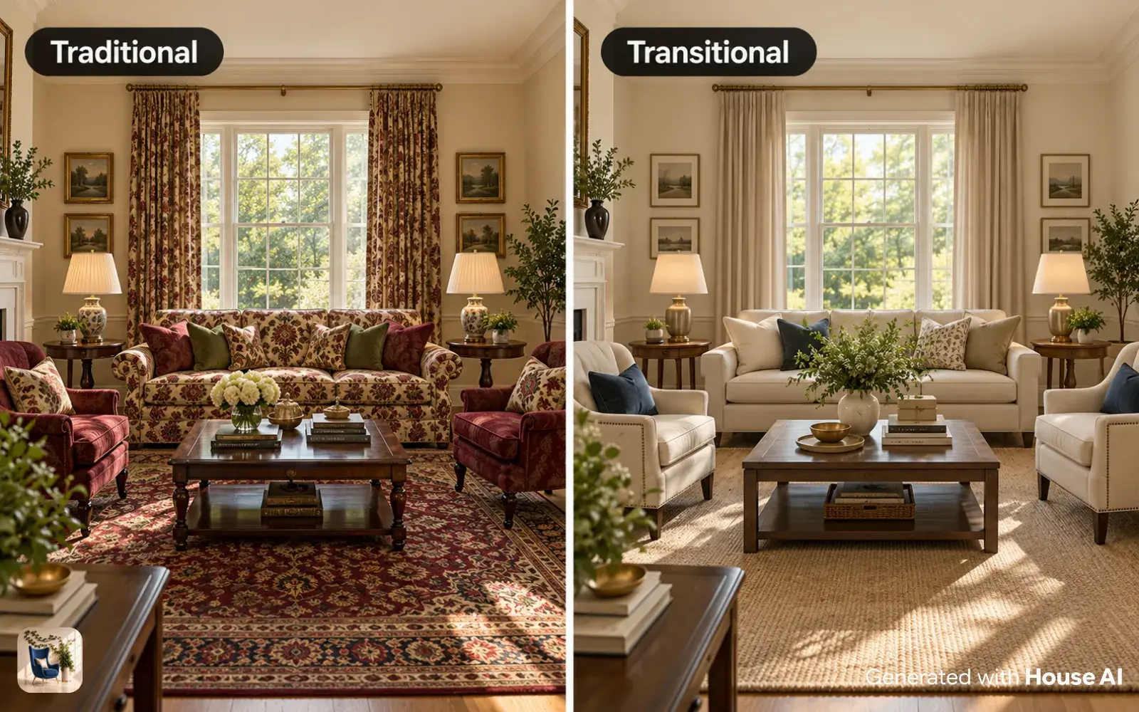 The same living room in traditional and transitional styles, side by side, one with patterned fabric and one plain