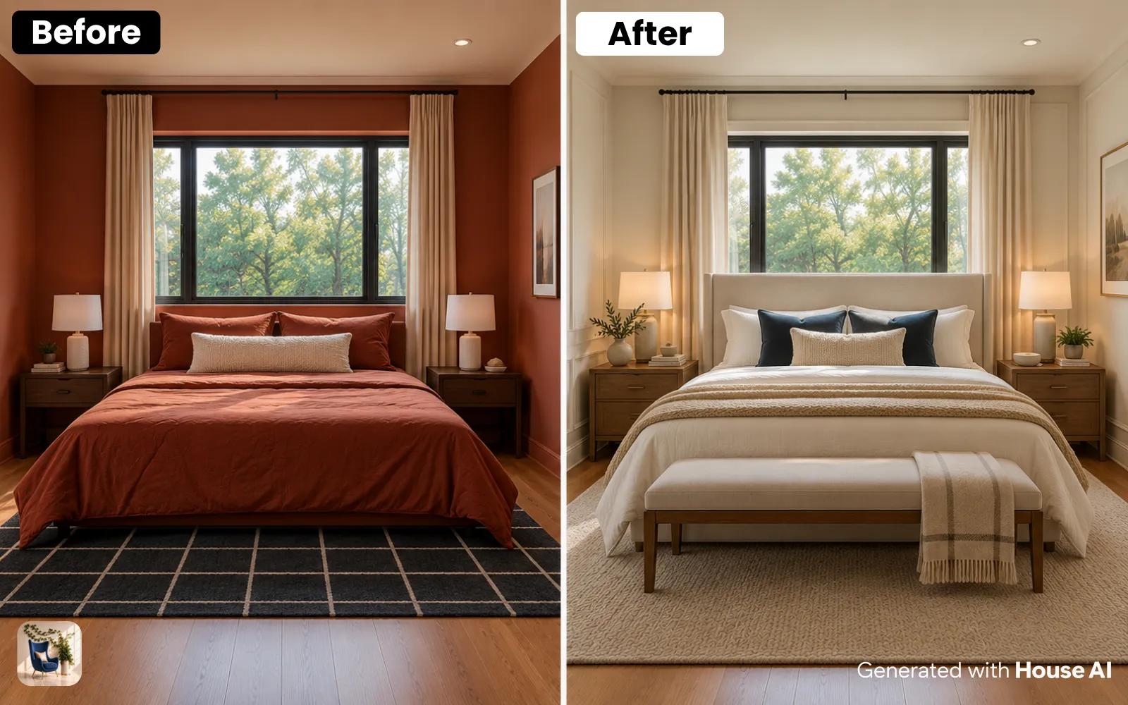 A bedroom before and after a transitional restyle, with a plain upholstered headboard and wood nightstands