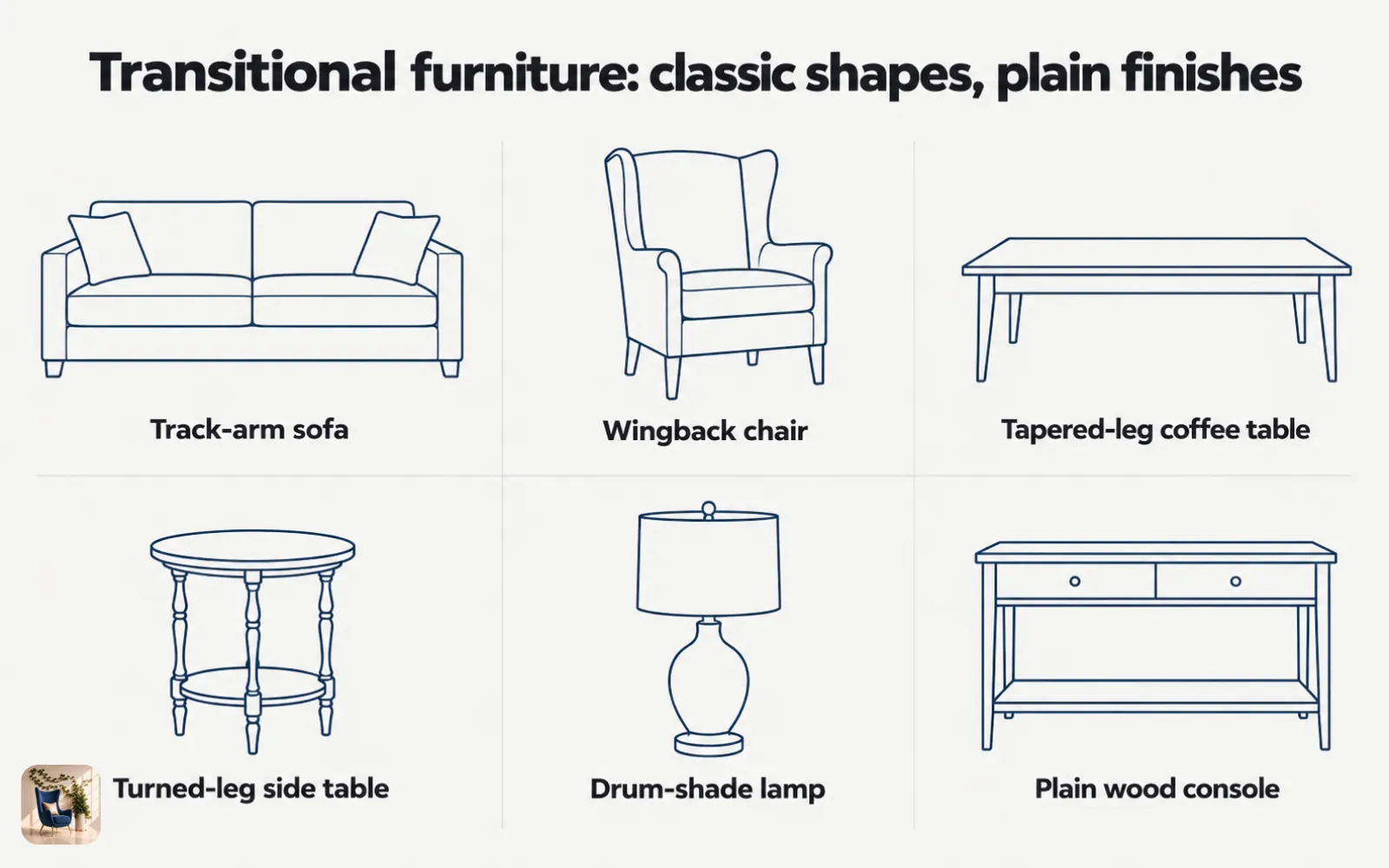 Diagram of six transitional furniture pieces, including a track-arm sofa, a wingback chair, and a tapered-leg table