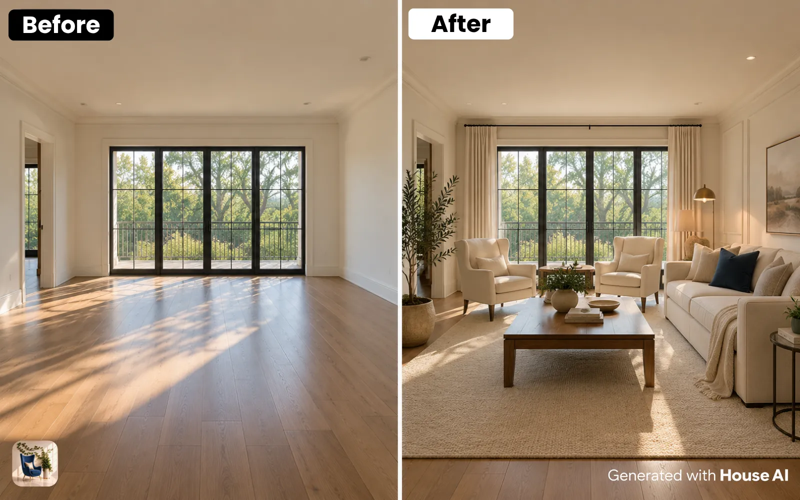 A living room before and after a transitional restyle, with a track-arm sofa in plain linen and a wood coffee table