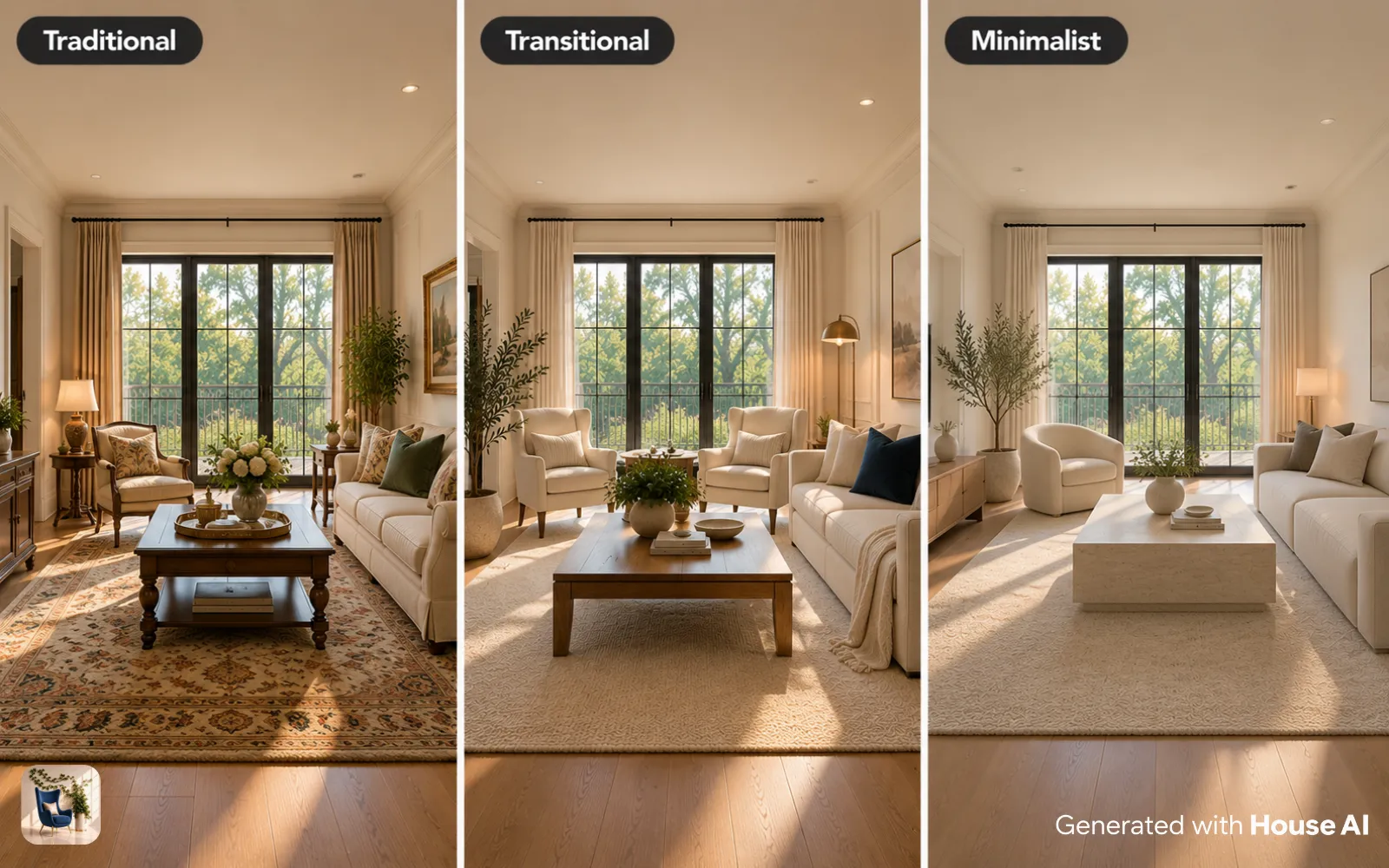 The same living room in traditional, transitional, and minimalist styles, side by side, with the same window