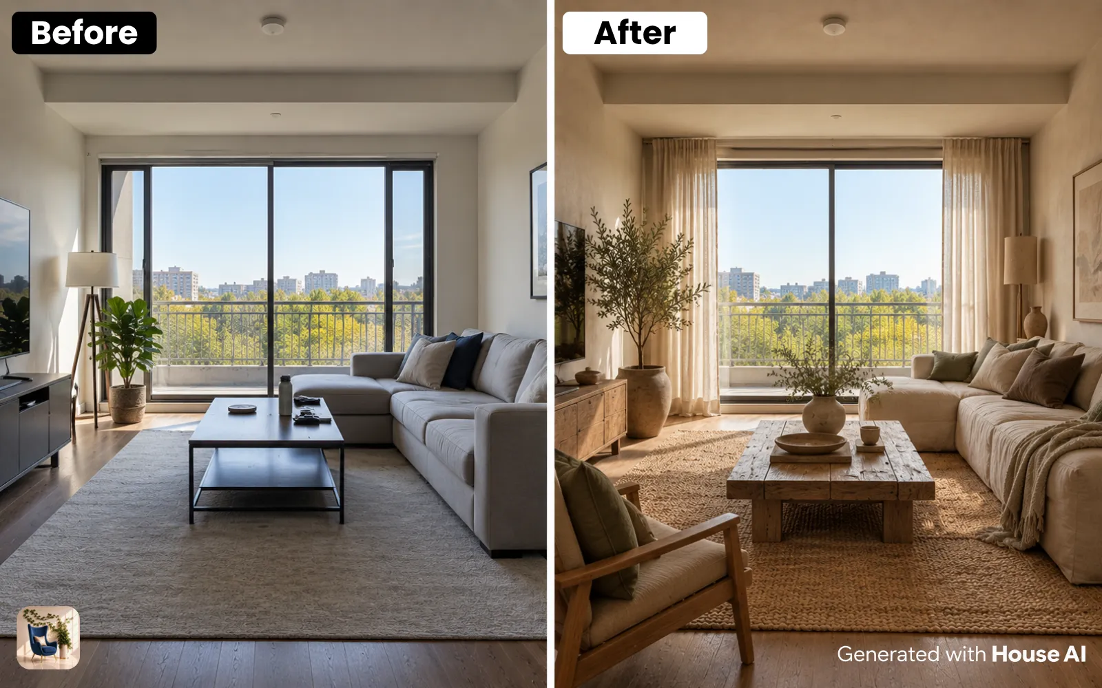 A living room before and after a wabi-sabi restyle, with the same window, walls, and floor