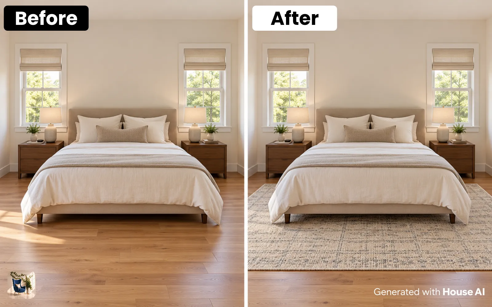 A bedroom before and after a large cream rug is added under the lower two thirds of the bed, with bare floor by the walls